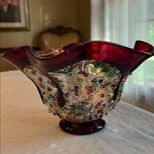 Murano Millefiori Art Red Glass Wavy Vase Bowl.
